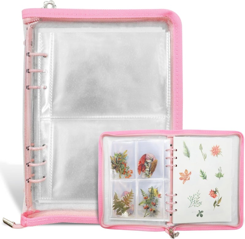 NOCAFI Sticker Storage Organizer Binder A5 Sticker Collecting Book Zipper Album for Adult with Blank Reusable Release Paper and Pocket Pages (Pink) - Image 1